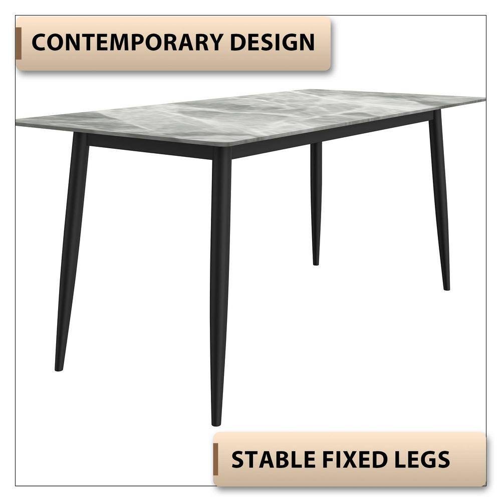 Light Grey Glass Rectangular Dining Table with Black Steel Legs