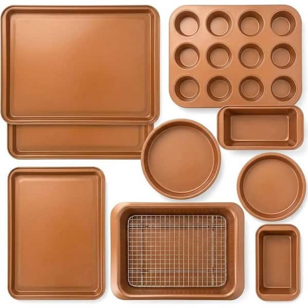 10-Piece Golden Nonstick Carbon Steel Bakeware Set with Cookie Sheet, Muffin Tray, Cake Pan, Oven Safe