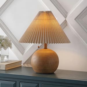 Aksel 17.25 in. Scandinavian Resin/Iron Sphere LED Table Lamp with Pleated Shade and Pull Chain, Brown Wood Finish/Beige