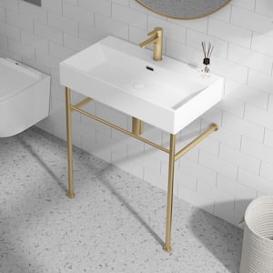 Turner 30 in. Vitreous China White Console Sink Basin and Brushed Gold Stainless Steel Legs Combo with Overflow Hole