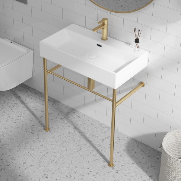 Eridanus Turner 30 in. Vitreous China White Console Sink Basin and Brushed Gold Stainless Steel Legs Combo with Overflow Hole