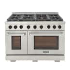 Pro-Style 48 in. 6.7 cu. ft. Double Oven Gas Range with 25K Power Burner in Stainless Steel and Black Knobs