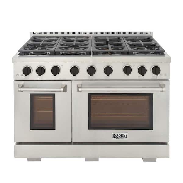 Kucht Pro-Style 48 in. 6.7 cu. ft. Double Oven Gas Range with 25K Power Burner in Stainless Steel and Black Knobs