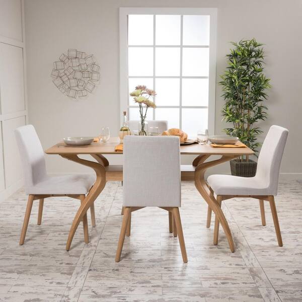 Orrin 5 Piece Light Beige Fabric and Natural Oak Dining Set