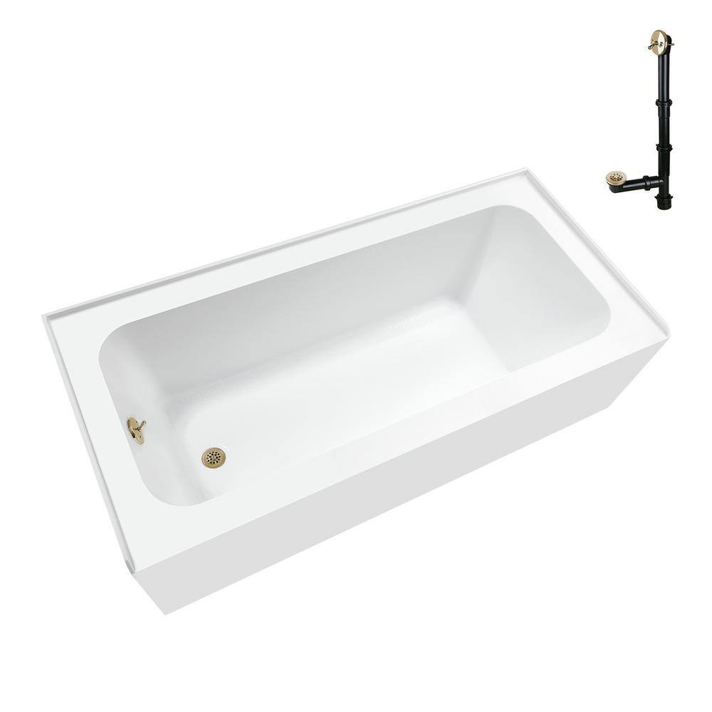 60-Inch Glossy White Acrylic Alcove Bathtub with Polished Brass Drain