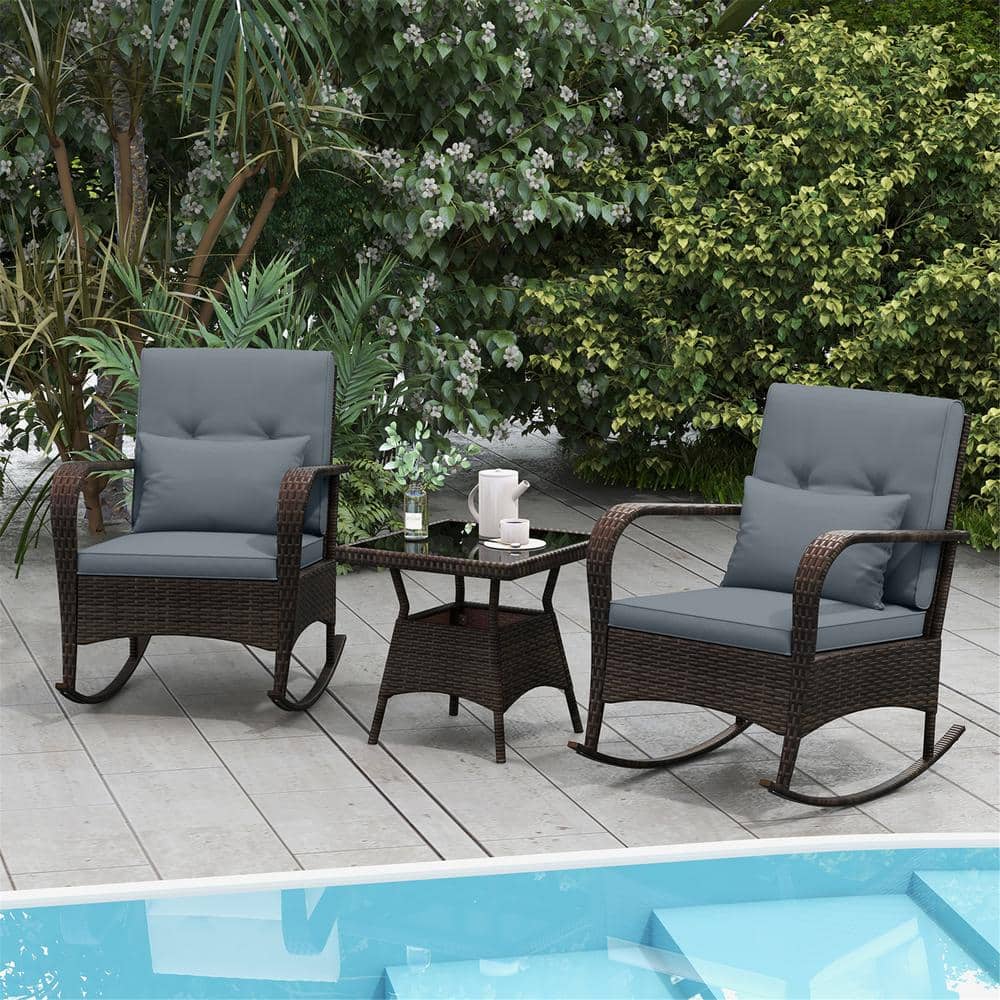 3-Piece Wicker Outdoor Rocking Set Patio Conversation Set w/Tempered Glass Coffee Table Gray Cushions price history on PriceWatchPro