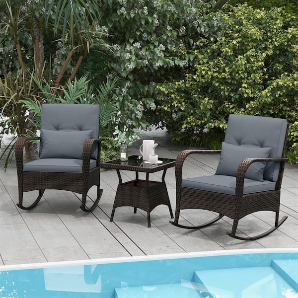 Gymax 3-Piece Wicker Outdoor Rocking Set Patio Conversation Set w/Tempered Glass Coffee Table Gray Cushions