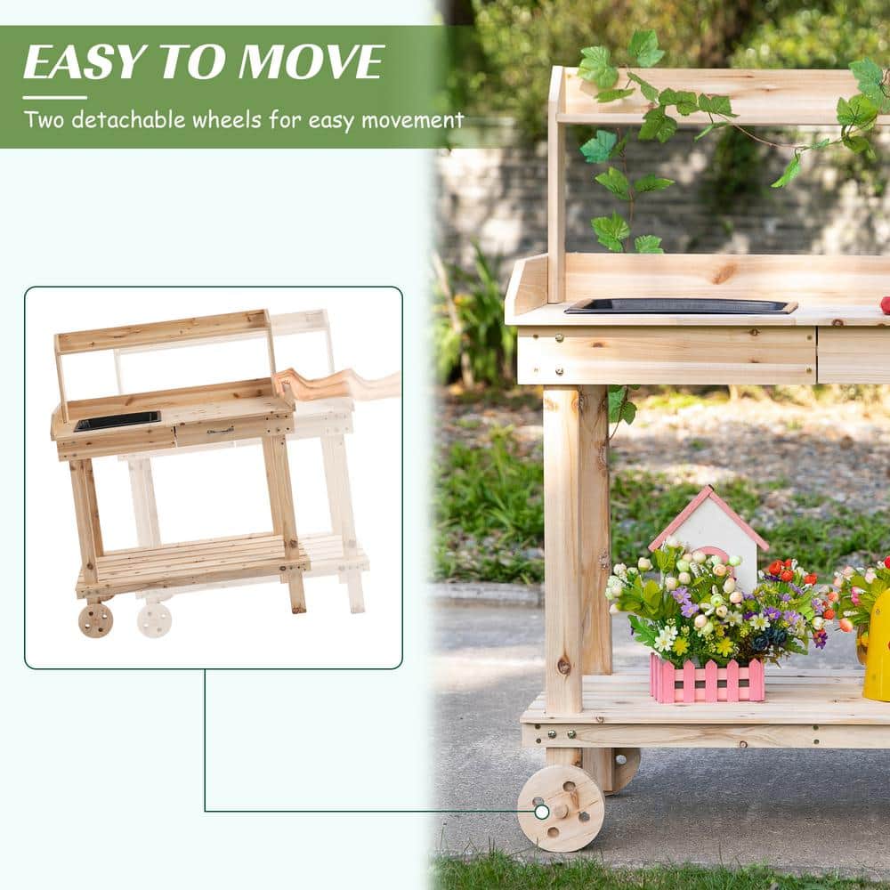 Natural Wood Potting Bench with Sink, Drawer, and Wheels