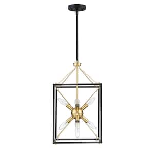 Alfa 9-Light 12.2 in. Modern Rectangle Lantern Pendant Light with Matte Black and Gold Accents