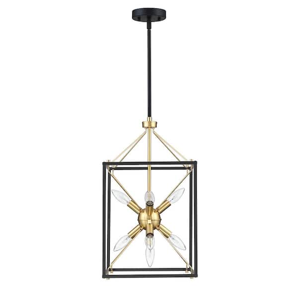 Hukoro Alfa 9-Light 12.2 in. Modern Rectangle Lantern Pendant Light with Matte Black and Gold Accents
