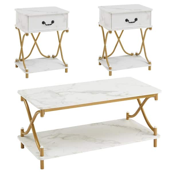 39 in. Industrial Coffee Table Set with 2 Nightstands, Rectangle X-Frame Metal and MDF Table with Storage Drawers White
