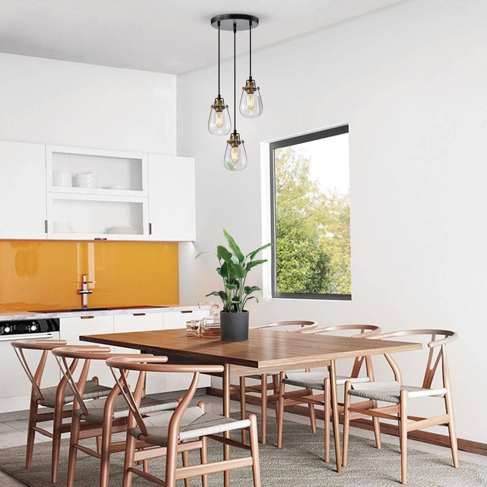 Modern Black and Gold 3-Light Pendant with Clear Glass Shades