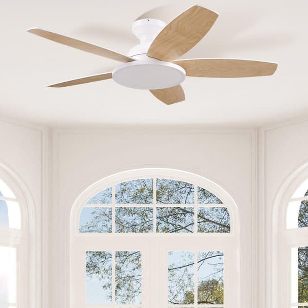 42 in. Integrated LED White Natural Woodgrain Low Profile Flush Mount Modern Standard Ceiling Fan with Light and Remote