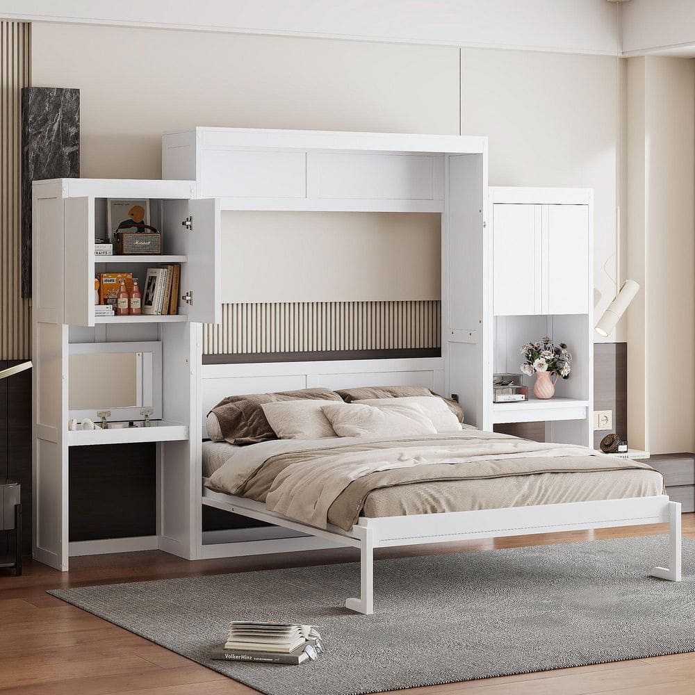 Polibi White Wood Frame Queen Size Murphy Bed with Desk RS35