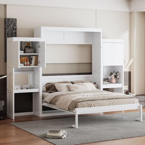 White Wood Frame Queen Size Murphy Bed with Desk
