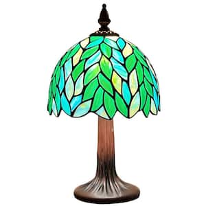 15 in. H Dark Bronze Finishing Tiffany Style Table Lamp Mini Nightstand Desk Light for Bedroom Green Stained Glass Shade