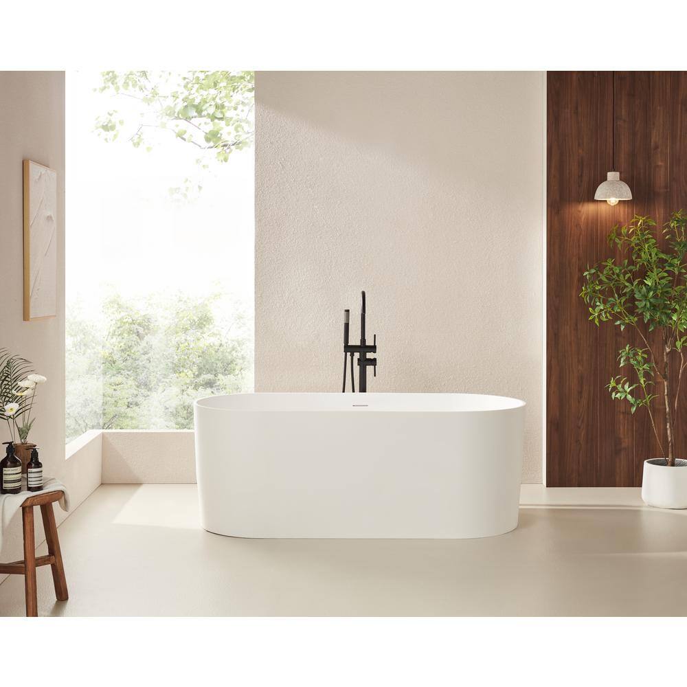 67" Matte White Stone Resin Freestanding Soaking Bathtub with Pop Up Drain