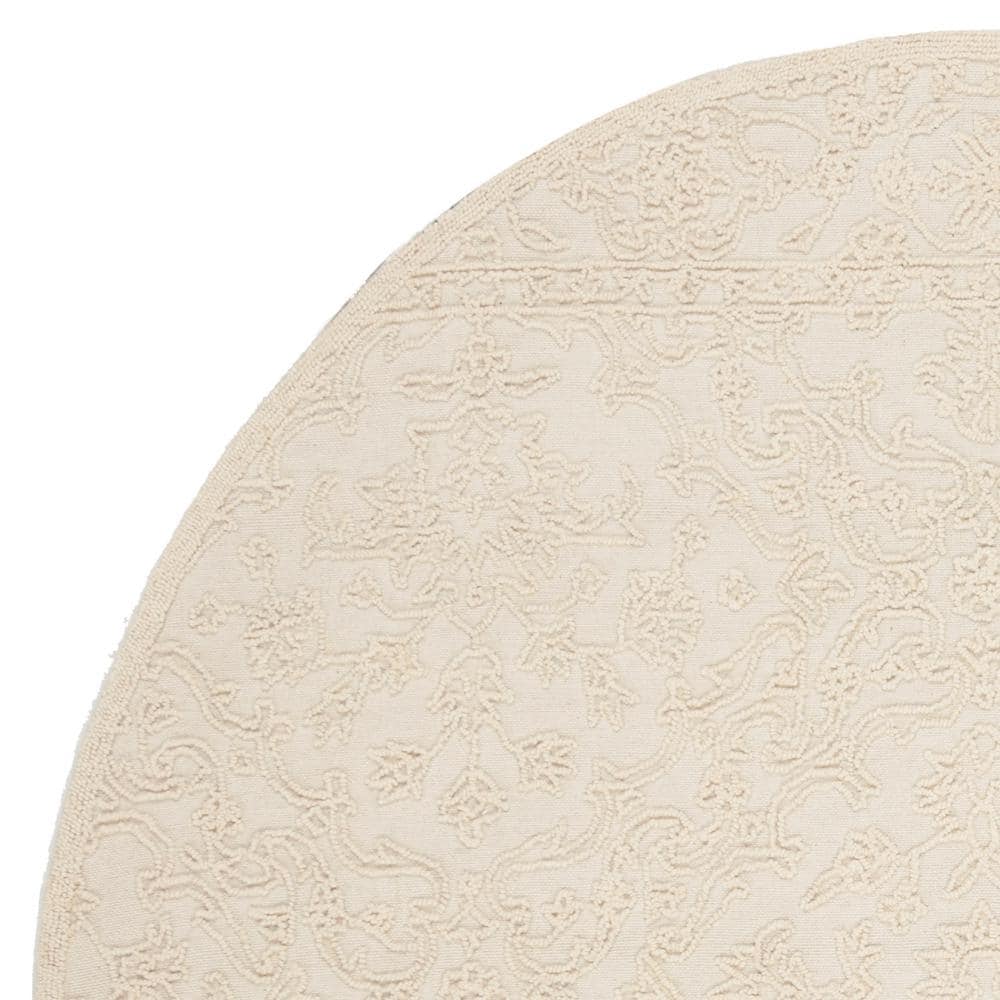 Ivory Floral Handmade Wool Round Area Rug, 6' Diameter