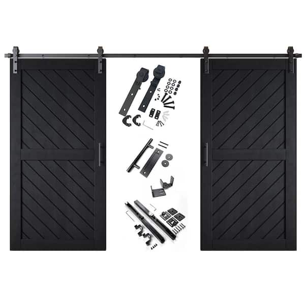 XT2 32 in. x 80 in. C-Panel Black Slanted Stripe Design Double Pine Wood Sliding Barn Door with Hardware Kit