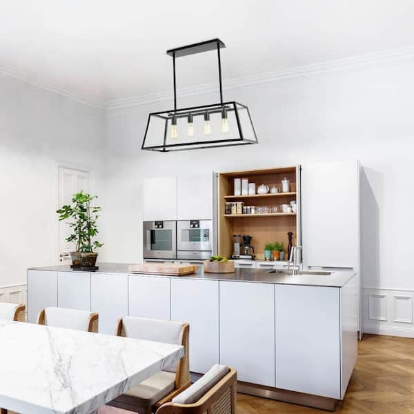 LS-C104 Light Society Morley 4-Light Kitchen Island Pendant Modern Industrial Chandelier Matte Black Shade with Clear Glass Panels