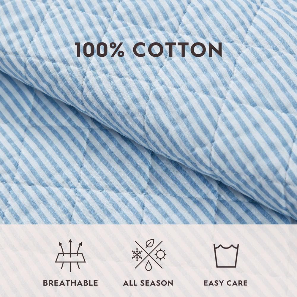 Oxford Stripe Blue Cotton Reversible King Quilt Set