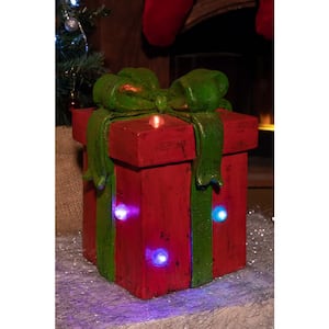 14 in. Red Giftbox Statue with Color Changing Led Lights and Timer
