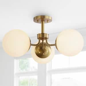 Olivier 23.5 in. 3-Light Brass Gold Bohemian Farmhouse Iron/Frosted Glass LED Semi Flush Mount, White