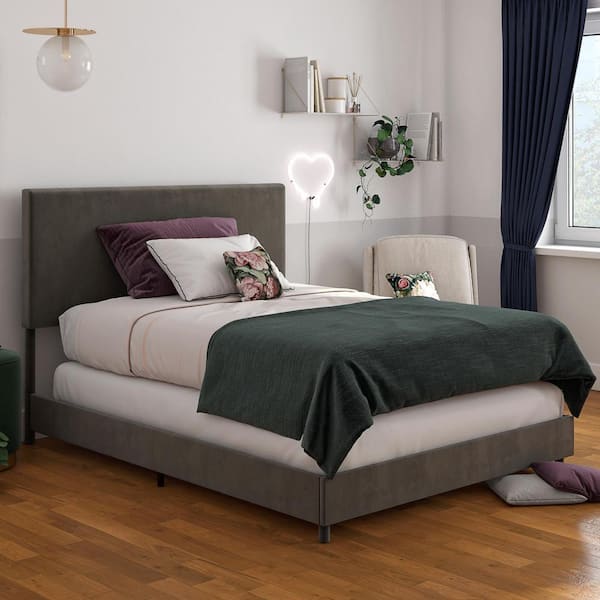 Novogratz Taylor Gray Velvet Upholstered Queen Size Bed Frame