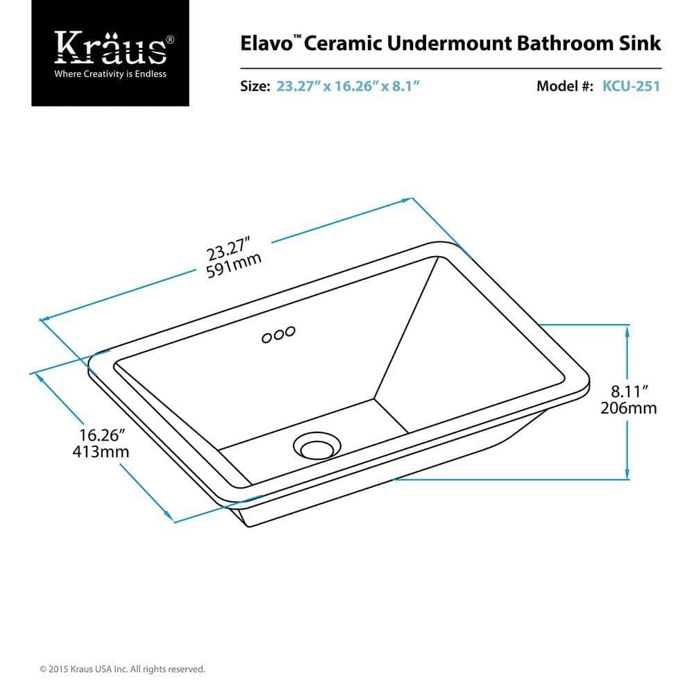 Elavo Modern White Ceramic Rectangular Undermount Bathroom Sink