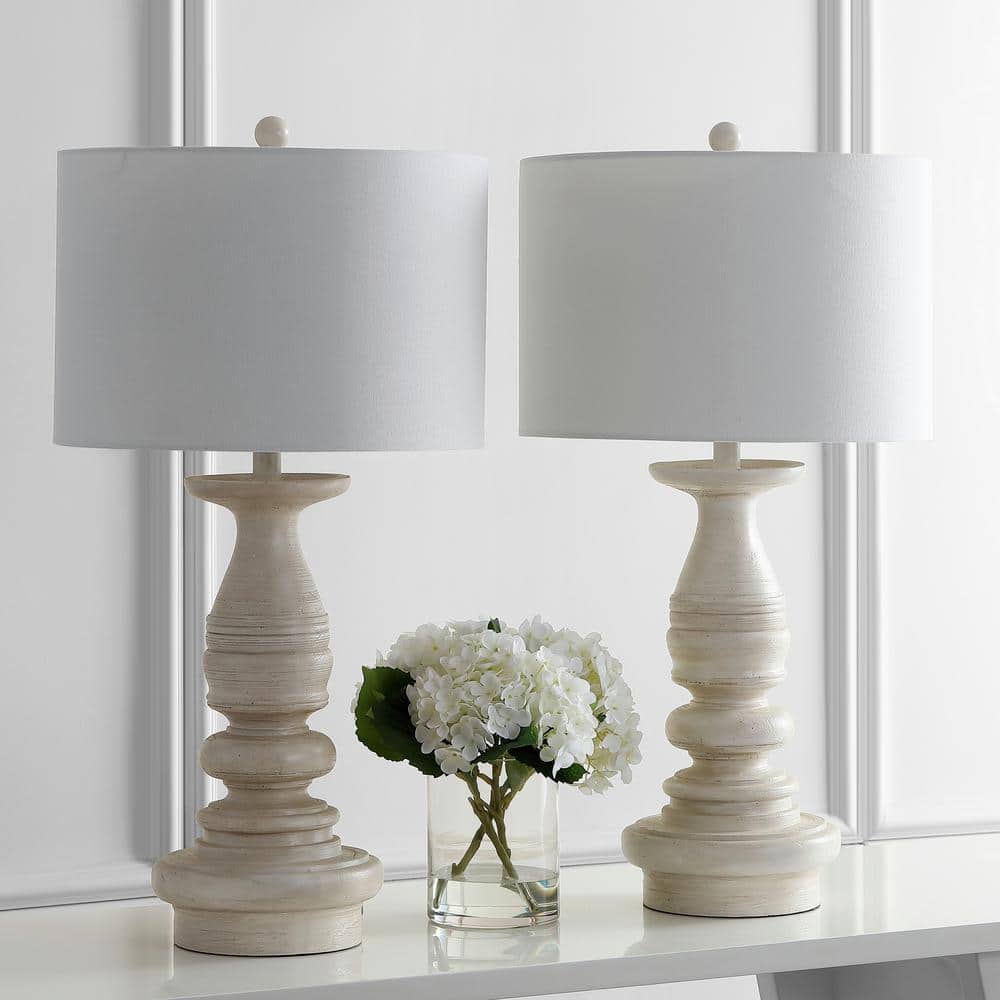 Jareth White Wash Traditional Table Lamp Set with Cotton Shade
