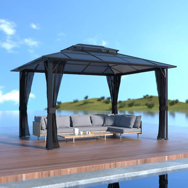 VEIKOUS 13 ft. x 10 ft. Aluminum Gazebo Polycarbonate Double Top Roof with Black Netting