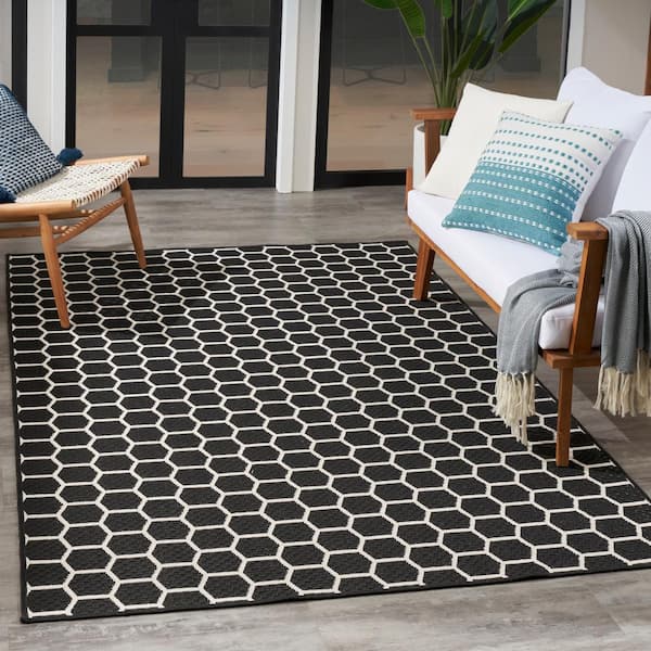 Reversible Indoor Outdoor Black 6 ft. x 9 ft. Honeycomb Contemporary Area Rug