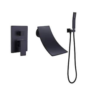 Single-Handle Wall-Mount Roman Tub Faucet with Hand Shower Modern Brass Waterfall Tub Filler in Matte Black