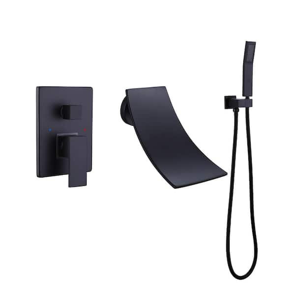 FLG Single-Handle Wall-Mount Roman Tub Faucet with Hand Shower Modern Brass Waterfall Tub Filler in Matte Black