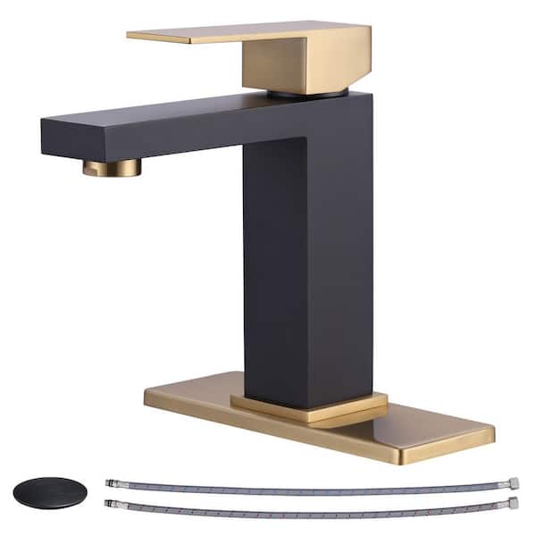 Single Handle Single Hole Bathroom Faucet with Pop-Up Drain and 2 Water Inlet Pipes Included in Gold and Black