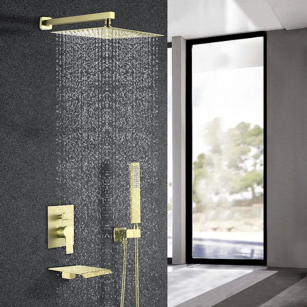 Single-Handle 1-Spray Tub and Shower Faucet 2.5 GPM with 12 in. Shower Head in Brushed Gold (Valve Included)