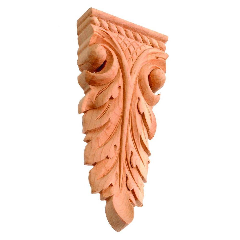 7-1/2 in x 3-1/8 in x 1 in Unfinished Hand Carved Solid Wood Onlay Acanthus Wood Applique