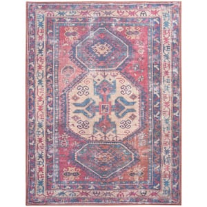 57 Grand Machine Washable Red/Navy 8 ft. x 10 ft. Bordered Transitional Area Rug