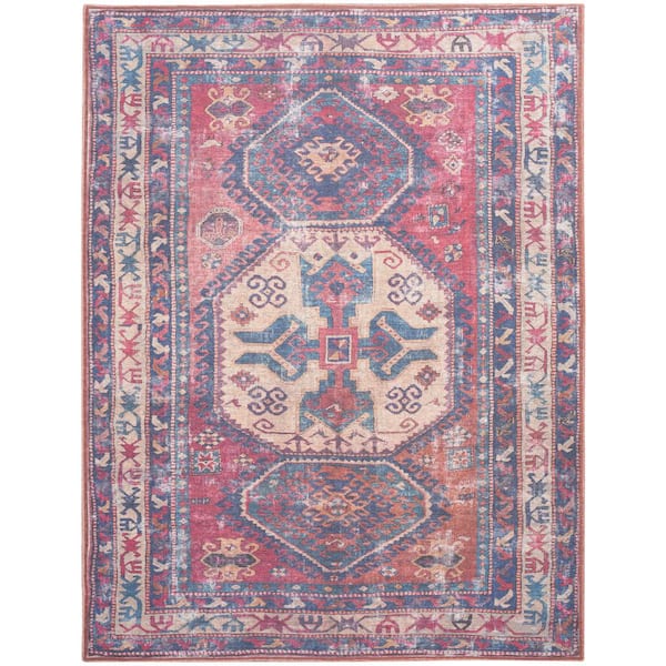 57 GRAND BY NICOLE CURTIS 57 Grand Machine Washable Red/Navy 8 ft. x 10 ft. Bordered Transitional Area Rug
