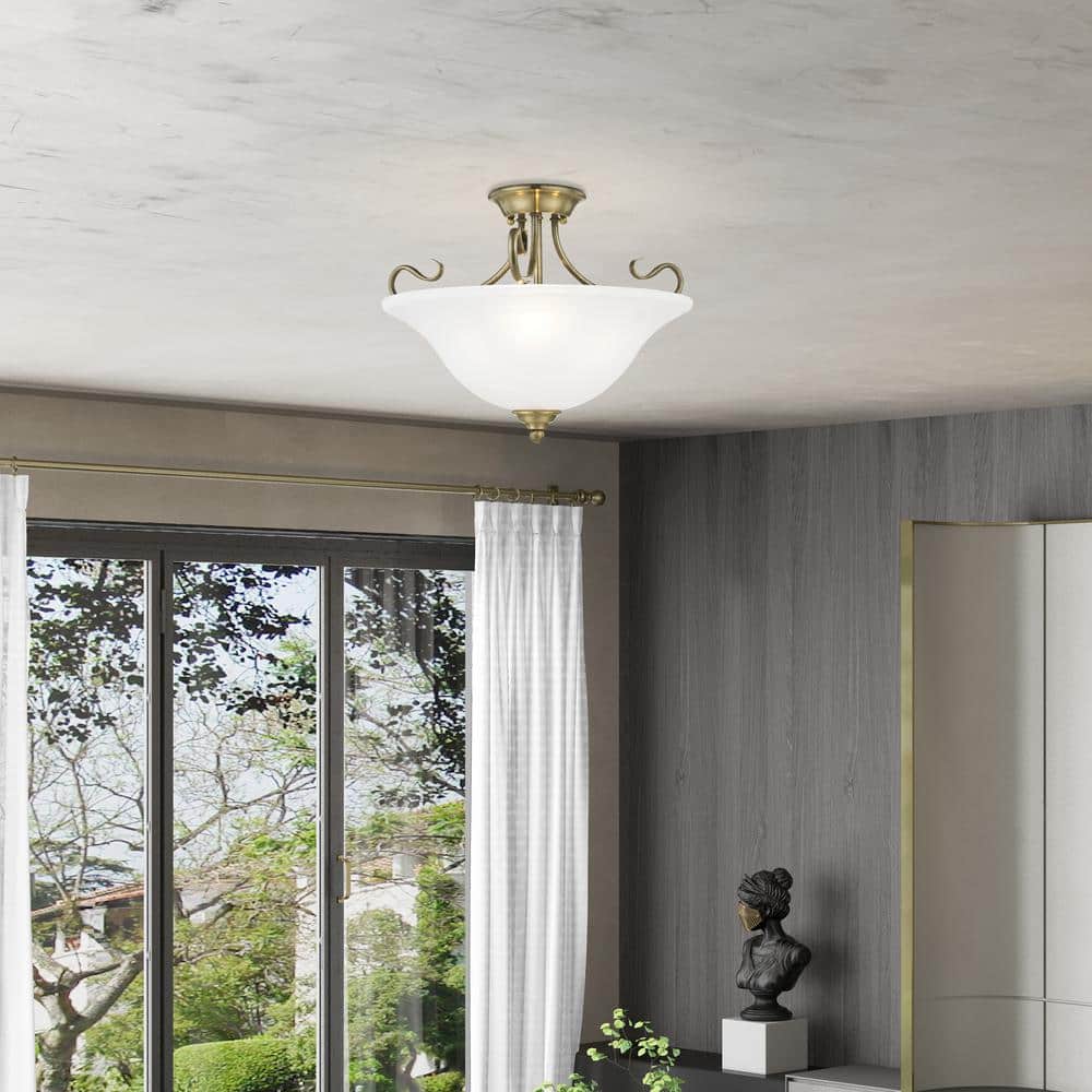Antique Brass 3-Light Semi-Flush Mount with White Alabaster Glass