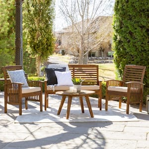 Dark Brown 4 Piece Acacia Wood Patio Conversation Set with Ivory Cushions