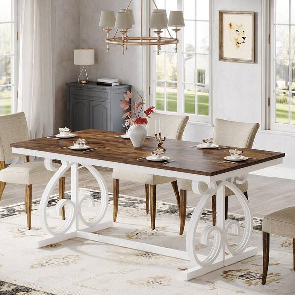 TRIBESIGNS WAY TO ORIGIN Halseey 63 in. Rectangular Brown White Wood Large 4-Legs Dining Table (Seats-6) Kitchen Dinner Modern Home Office Desk