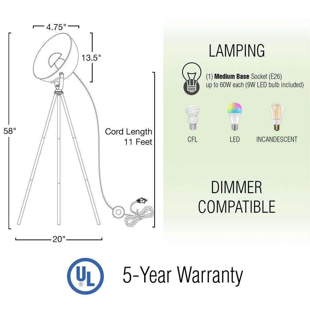 Sulis 58" Black Tripod Floor Lamp with Satellite Dome Shade