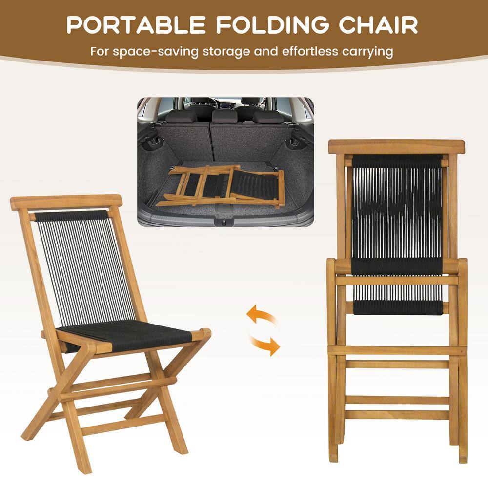Natural Teak and Black Woven Rope Folding Patio Chairs, Set of 2