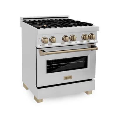 Autograph Edition 30 in. Range with Gas Stove and Electric Oven in Stainless Steel with Champagne Bronze Accents