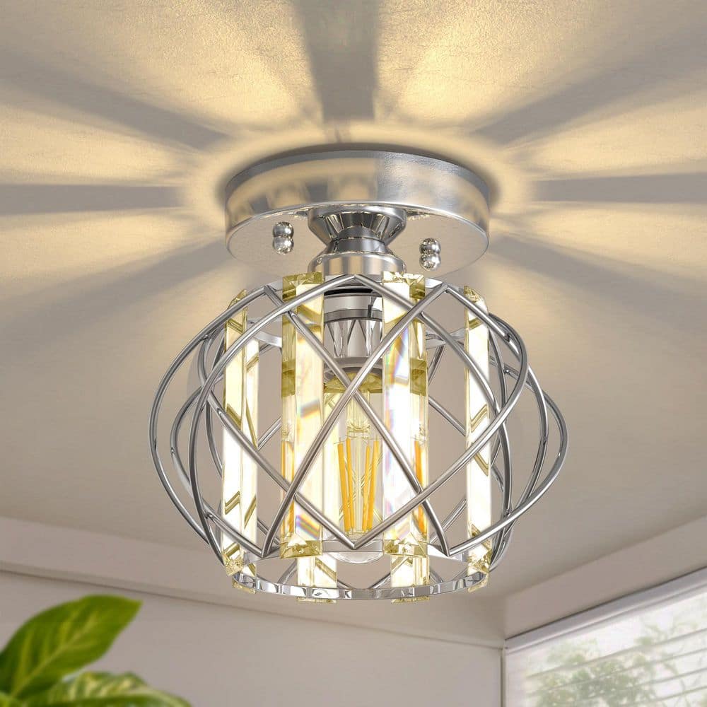 YANSUN 7 in. 1-Light Brushed Nickle Grid Crystal Semi Flush Mount ...