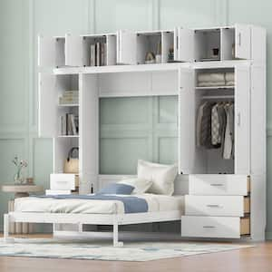 White Wood Frame Full Size Murphy Bed with Shelves, Drawers, Lockers and Wardrobes