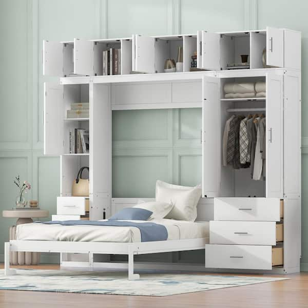 Harper & Bright Designs White Wood Frame Full Size Murphy Bed with ...