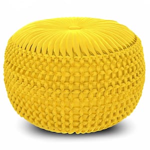 Renee Transitional Round Pouf in Golden Yellow Velvet Fabric