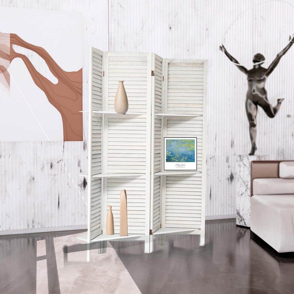 White Wood 5.6 ft Folding Privacy Screen Room Divider with Shelves